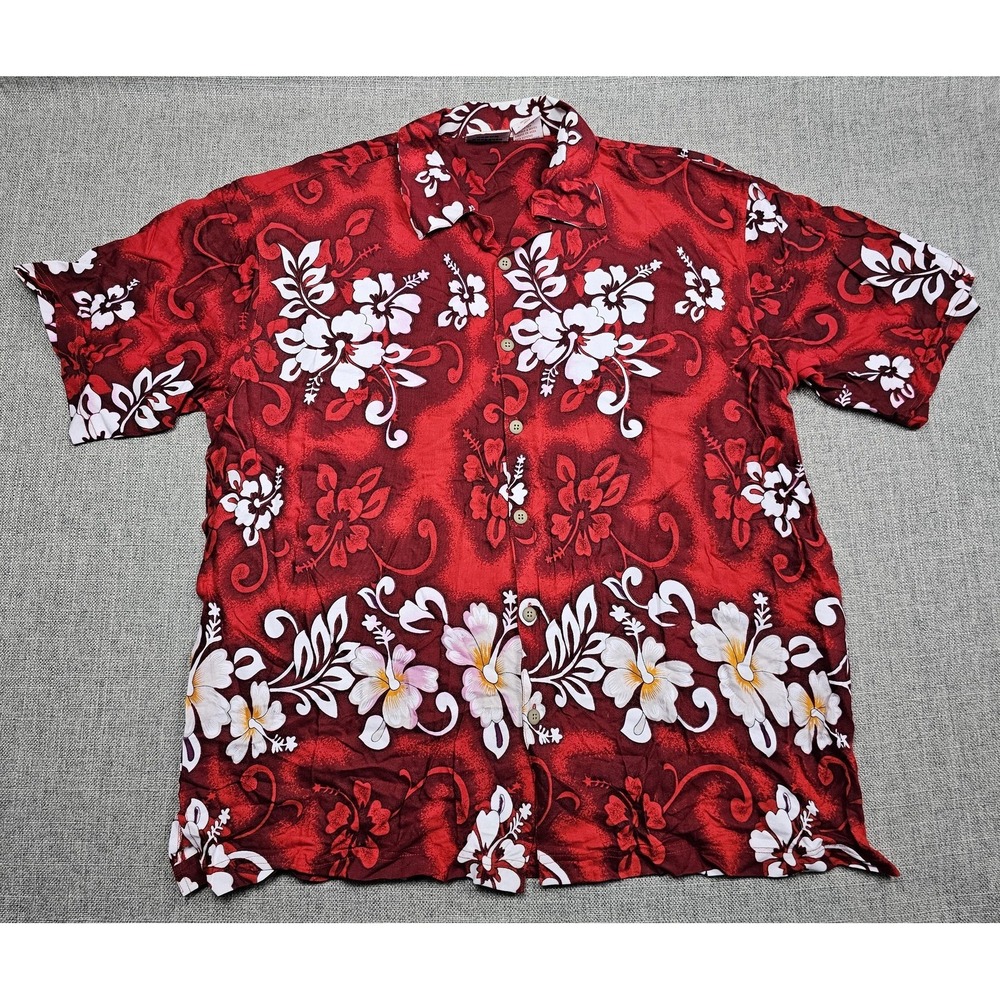 SPIKE Hawaiian Shirt Mens XL Red Floral Rayon Button-Up Collared Spread Aloha